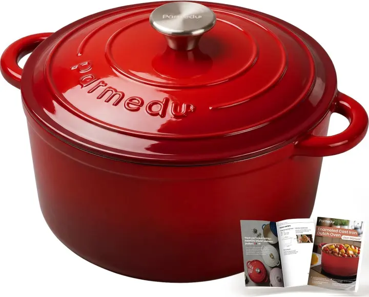 Parmedu 5.5QT Enameled Cast Iron Dutch Oven — Red